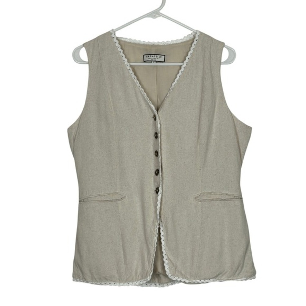 Bagatelle Linen Blend Vest Women Large Beige Crochet Trim Waist Tie Boho Coastal